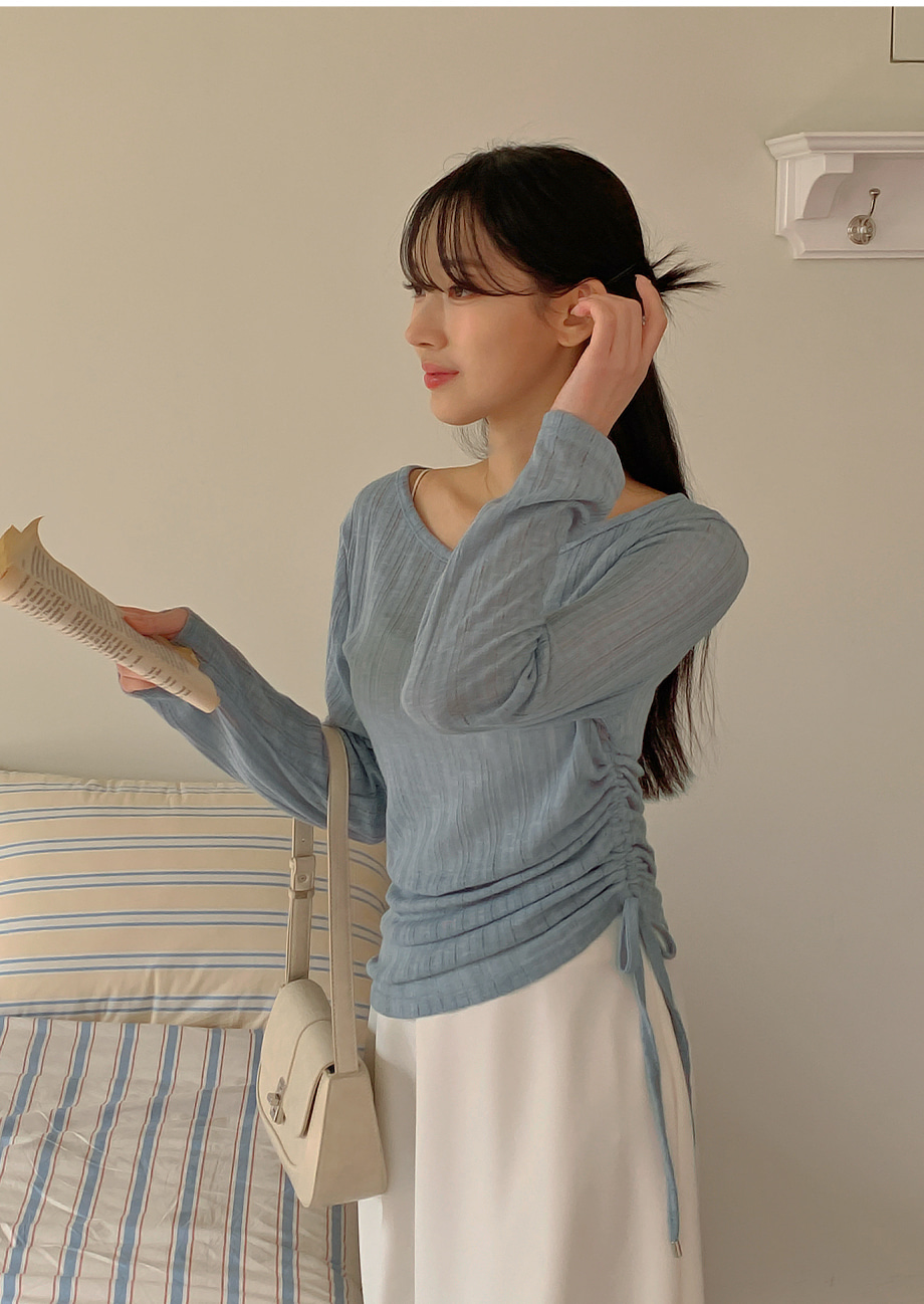 리리앤코 티빈리어 골지 시스루 스트링 리본 니트