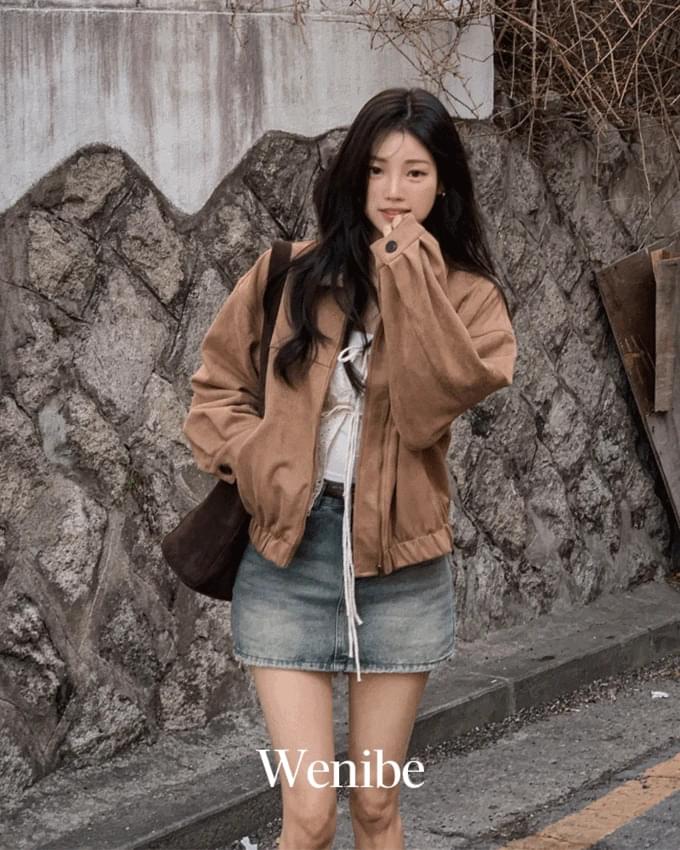 Wenive Karaneck Hem Shibori Banding Overfit Avan Loose-fit Suede Zip-up Jacket