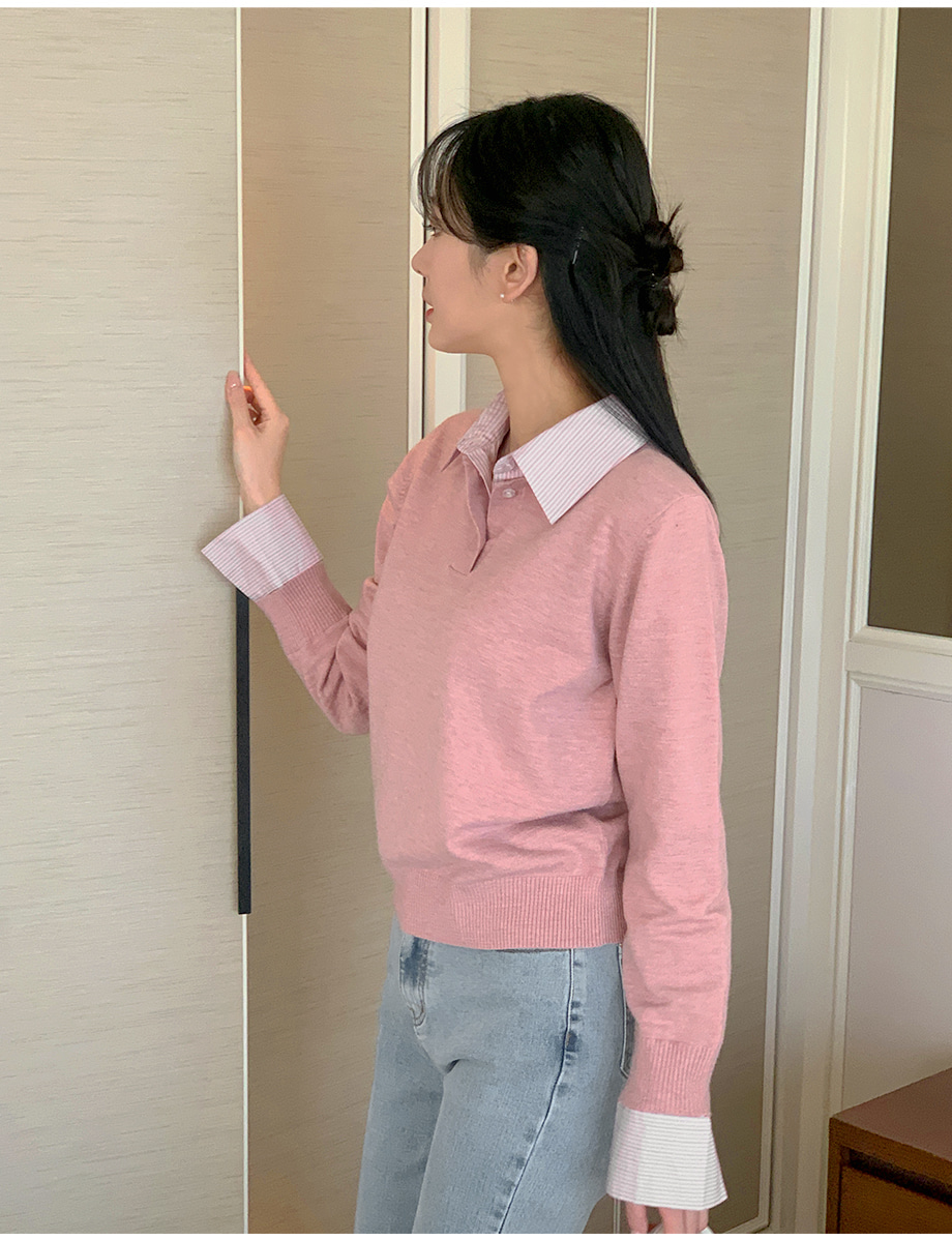 리리앤코 시크틴브 스트라이프 배색 셔츠 레이어드 니트