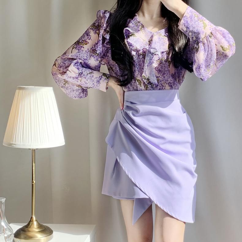 Uneven cut drape shirring skirt