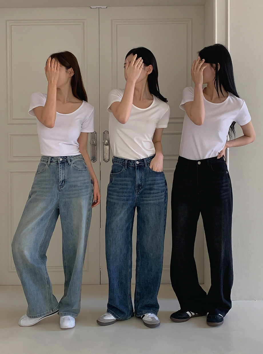 리리앤코 테나온 속밴딩 워싱 세미와이드 데님 팬츠 청바지
