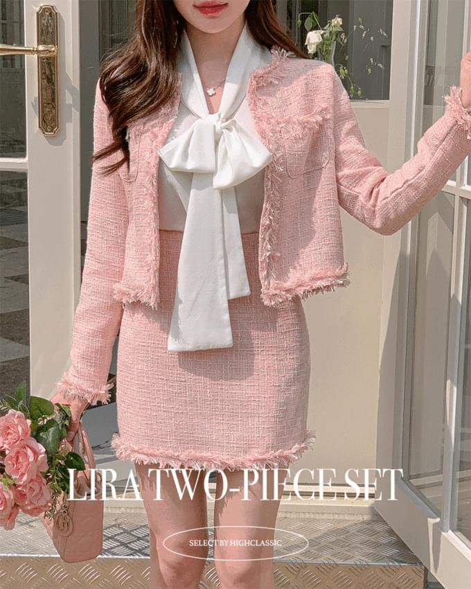 Lira Tweed Round Neck Surgery Long Sleeve Jacket Short Mini Skirt Two Piece Set 套裝