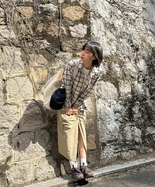 Induzhen shirring slit banding long skirt